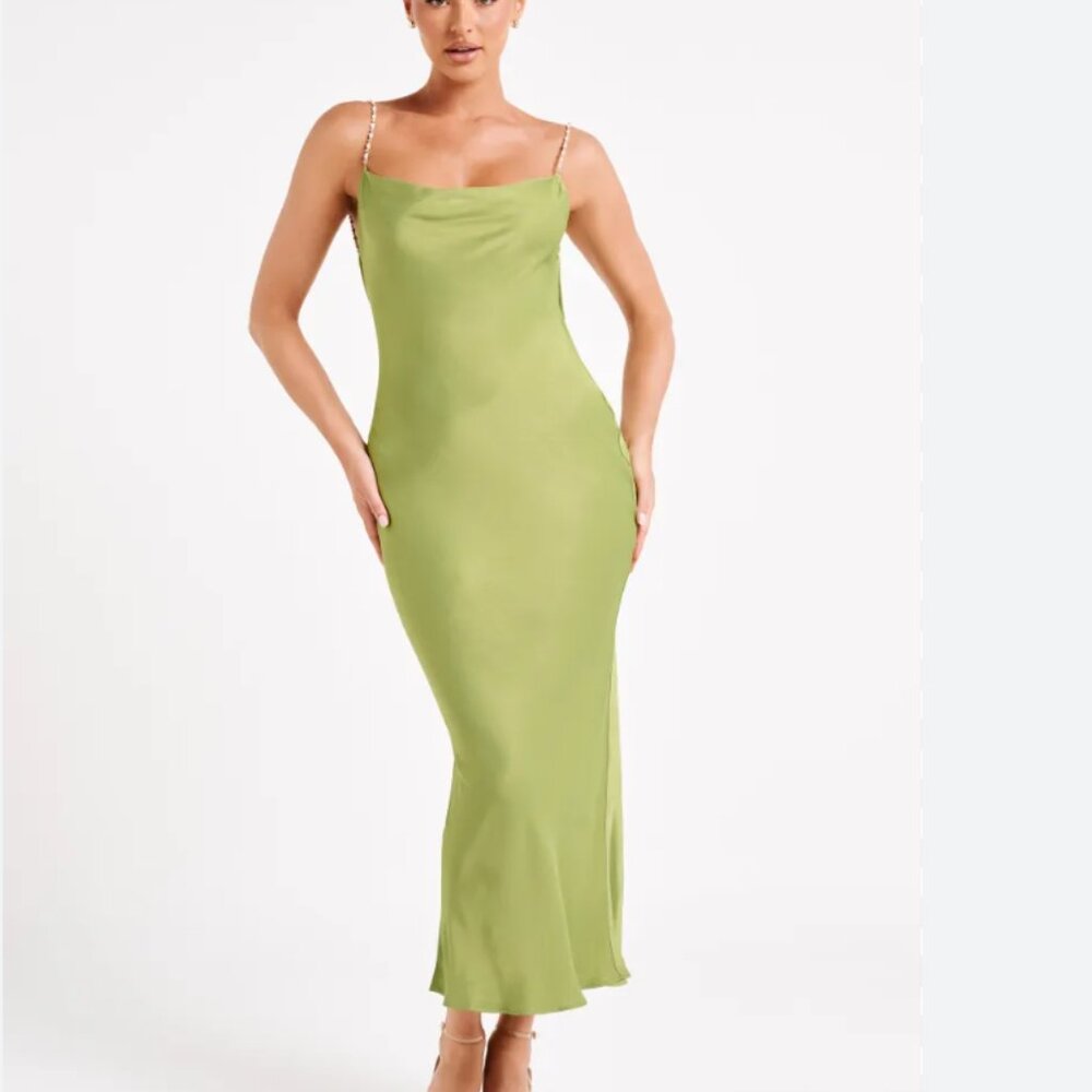 NWT Adela Cowl Midi Dress With Pearl Trim - Parakeet Green